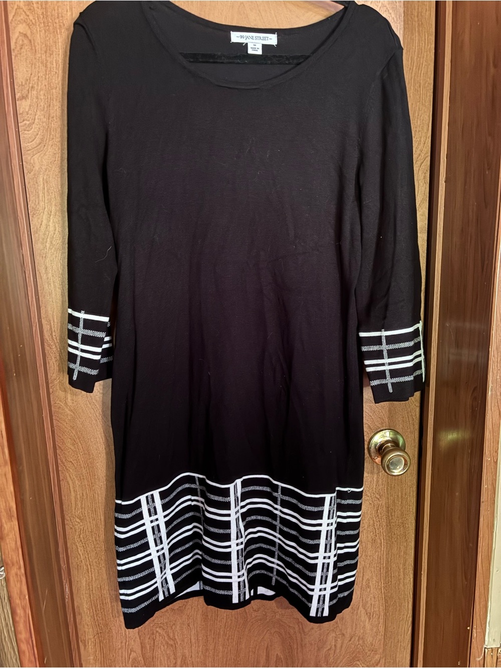 99 Jane Street Black Midi Dress with White Hem and Cuff Stripes Medium